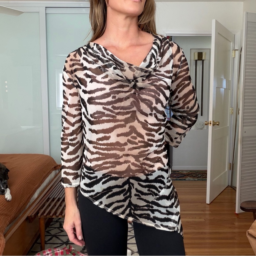 Vintage 90s Joseph Ribkoff Mesh Asymmetrical Zebra Print Top